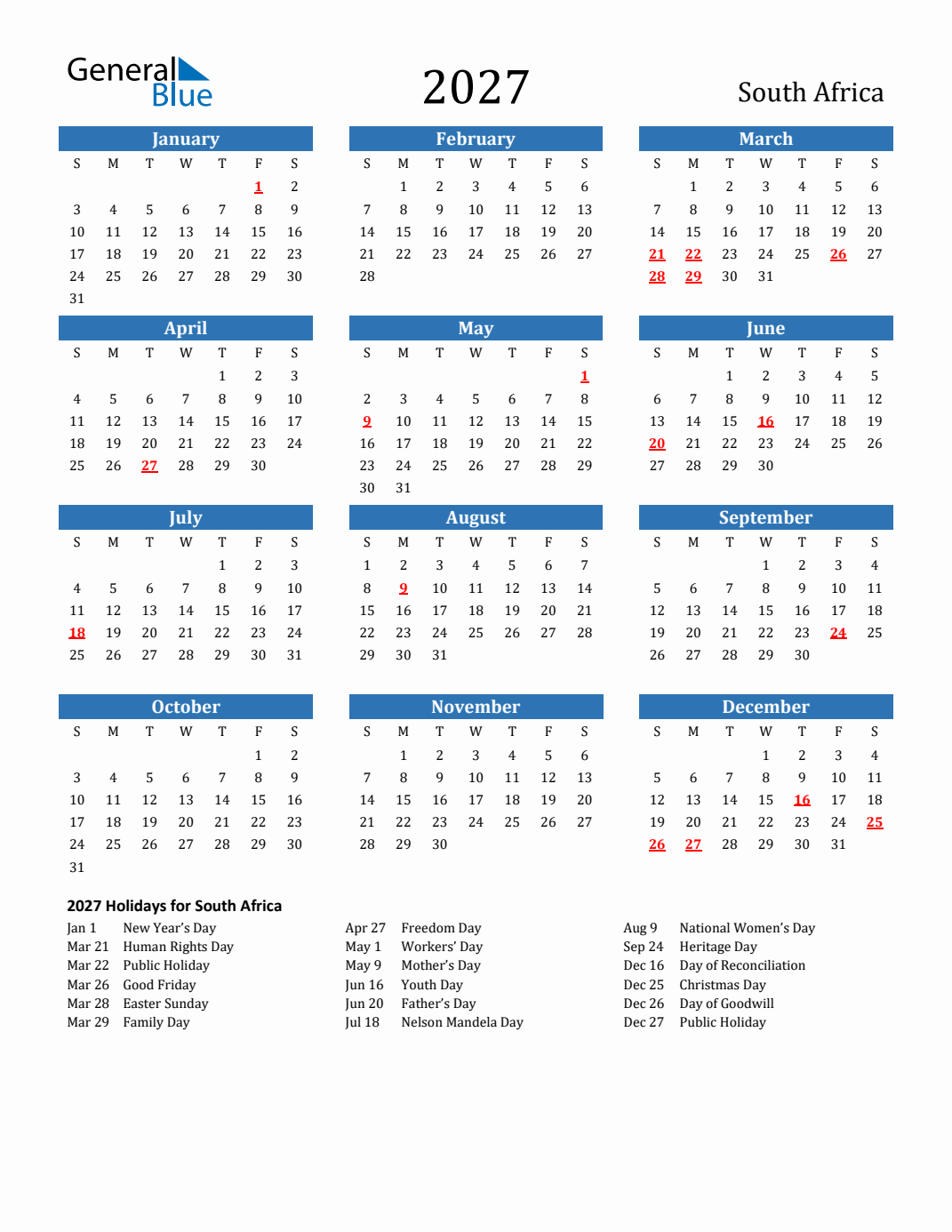 2027 South Africa Calendar with Holidays