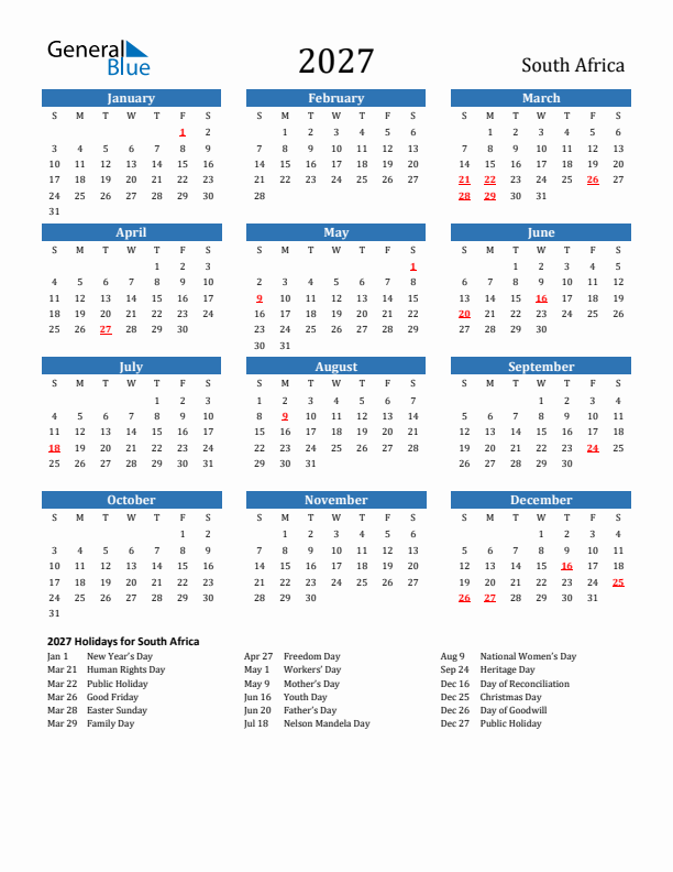 South Africa 2027 Calendar with Holidays