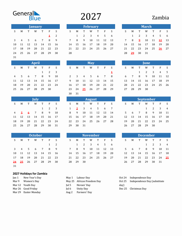 Zambia 2027 Calendar with Holidays