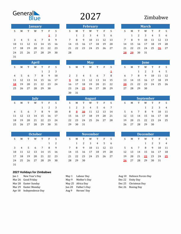 Zimbabwe 2027 Calendar with Holidays