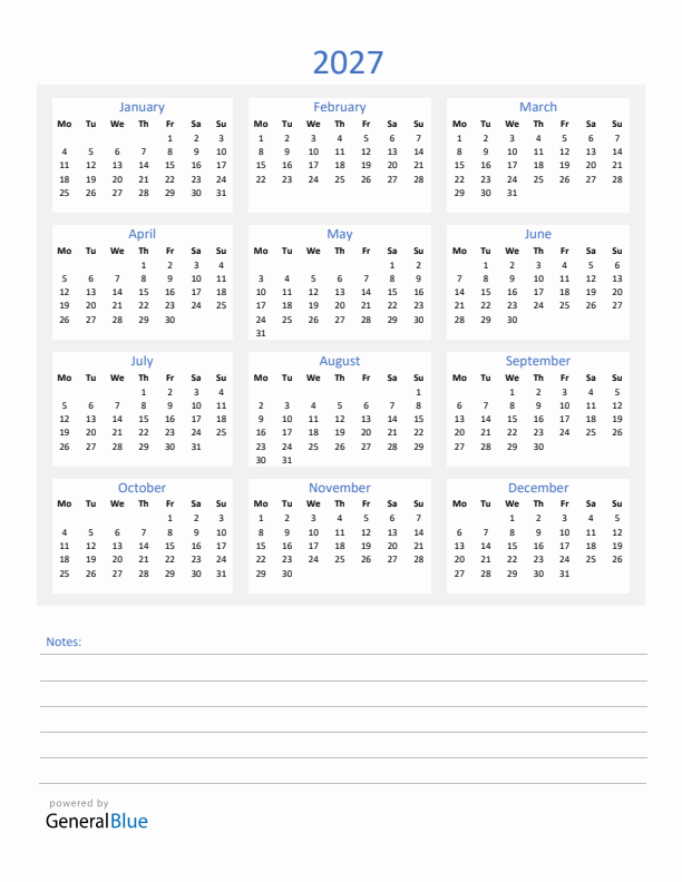 2027 Yearly Calendar Template with Notes Section (PDF Excel Word)