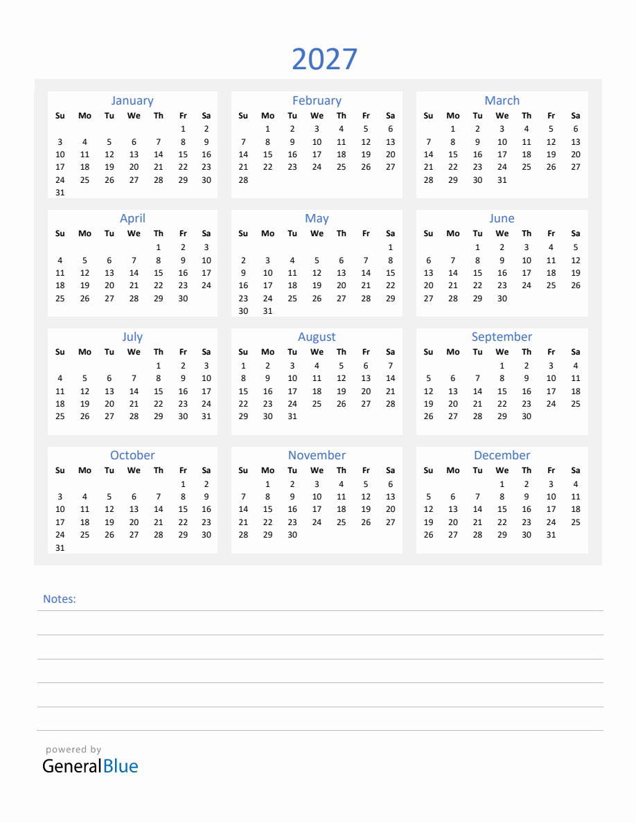 2027 Yearly Calendar Template With Notes Section