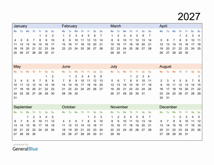 Free Downloadable 2027 Yearly Calendar Template 