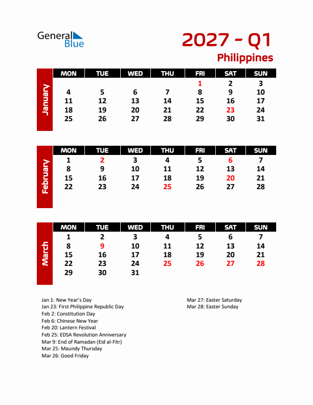 Q1 2027 Calendar with Holidays