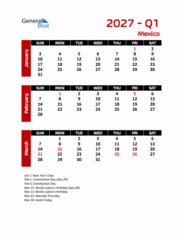 Q1 2027 Calendar with Holidays