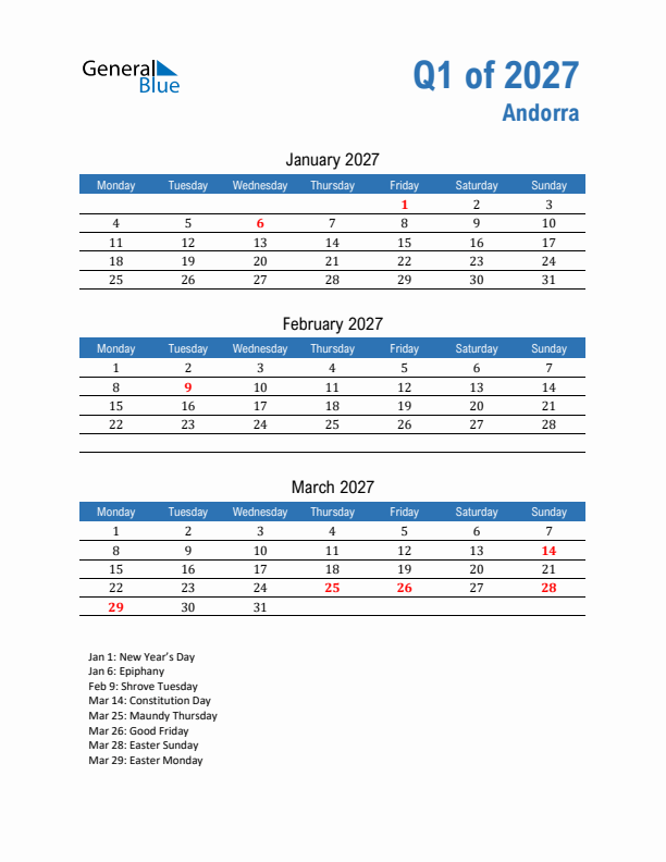 Andorra 2027 Quarterly Calendar with Monday Start