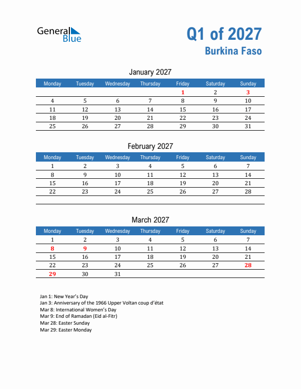 Burkina Faso 2027 Quarterly Calendar with Monday Start