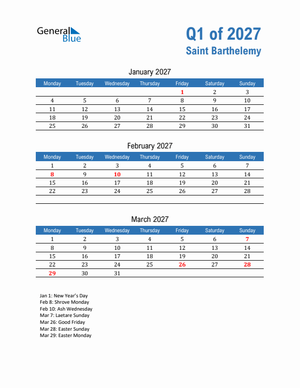 Saint Barthelemy 2027 Quarterly Calendar with Monday Start