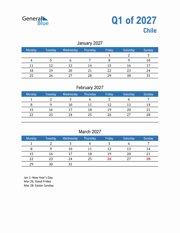 Chile 2027 Quarterly Calendar with Monday Start