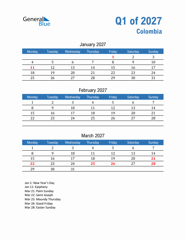 Colombia 2027 Quarterly Calendar with Monday Start