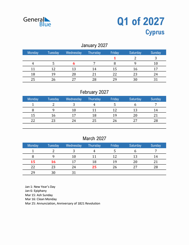 Cyprus 2027 Quarterly Calendar with Monday Start