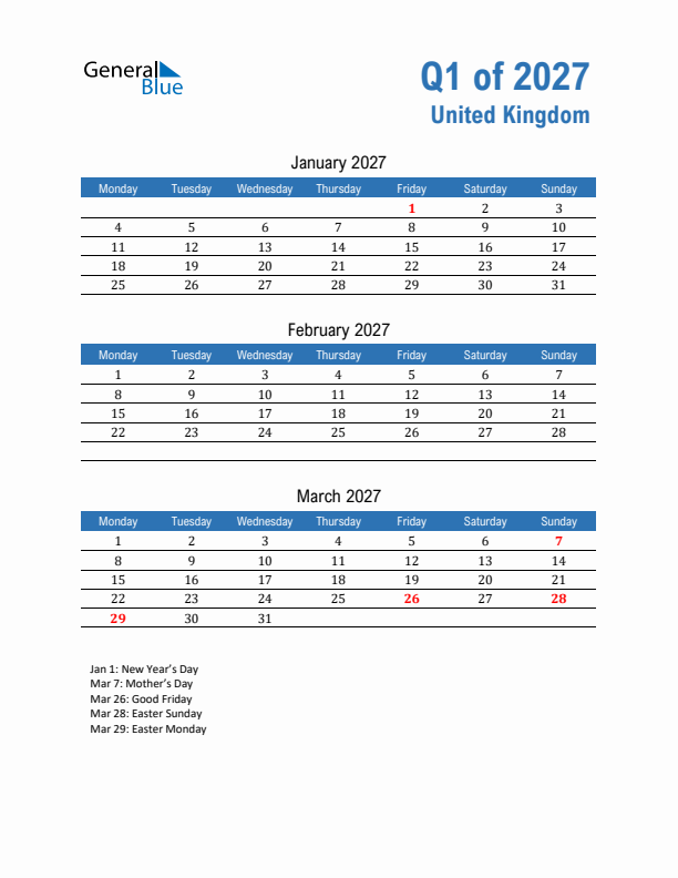 United Kingdom 2027 Quarterly Calendar with Monday Start