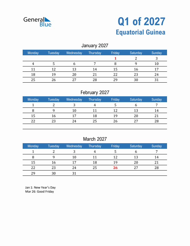 Equatorial Guinea 2027 Quarterly Calendar with Monday Start