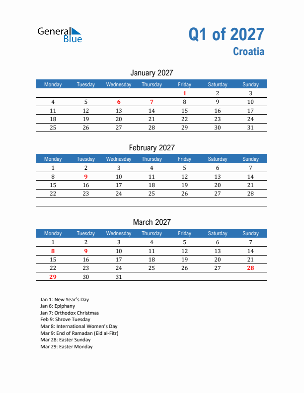 Croatia 2027 Quarterly Calendar with Monday Start
