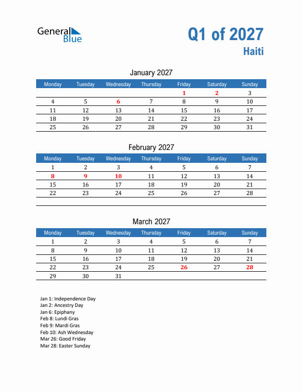 Haiti 2027 Quarterly Calendar with Monday Start