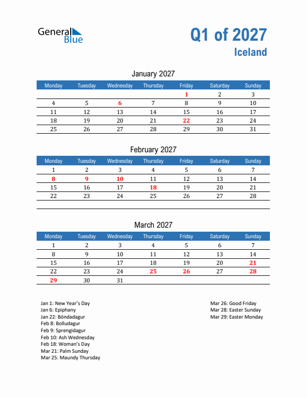 Iceland 2027 Quarterly Calendar with Monday Start