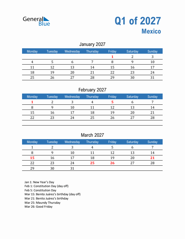 Mexico 2027 Quarterly Calendar with Monday Start