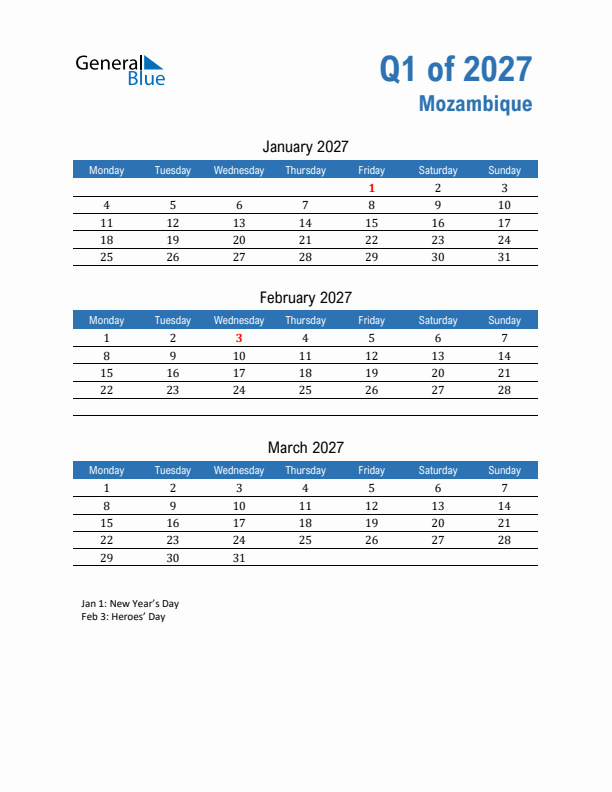 Mozambique 2027 Quarterly Calendar with Monday Start