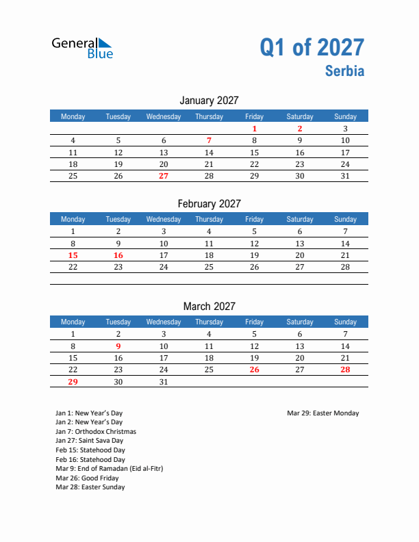 Serbia 2027 Quarterly Calendar with Monday Start
