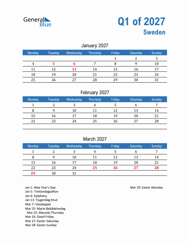 Sweden 2027 Quarterly Calendar with Monday Start