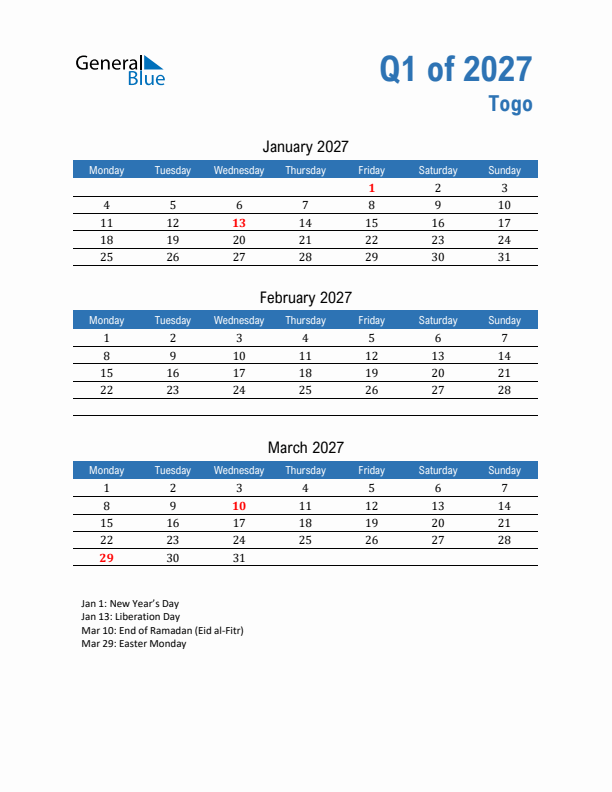 Togo 2027 Quarterly Calendar with Monday Start