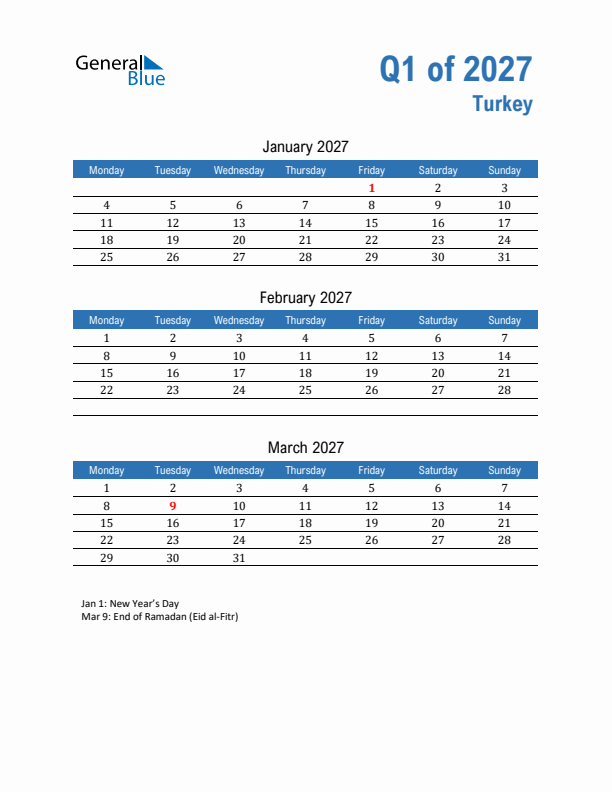 Turkey 2027 Quarterly Calendar with Monday Start