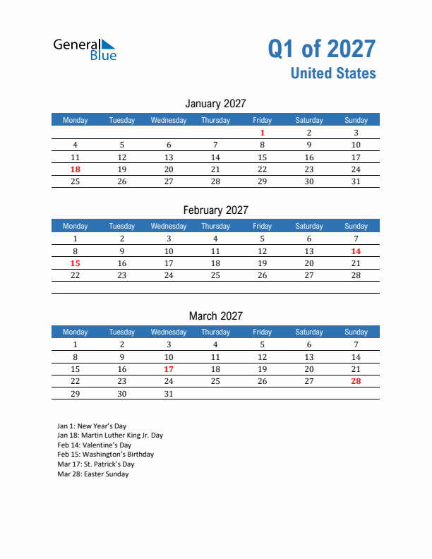 United States 2027 Quarterly Calendar with Monday Start