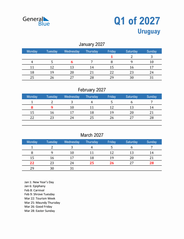 Uruguay 2027 Quarterly Calendar with Monday Start