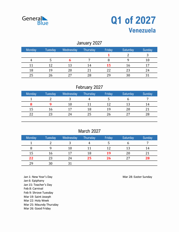 Venezuela 2027 Quarterly Calendar with Monday Start