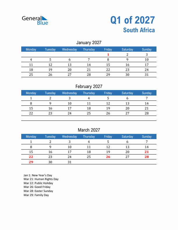 South Africa 2027 Quarterly Calendar with Monday Start
