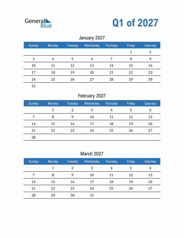 Fillable Quarterly Calendar for Q1 2027
