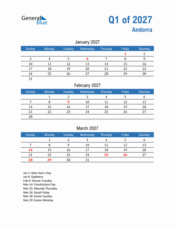 Andorra 2027 Quarterly Calendar with Sunday Start