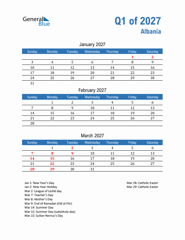 Albania 2027 Quarterly Calendar with Sunday Start
