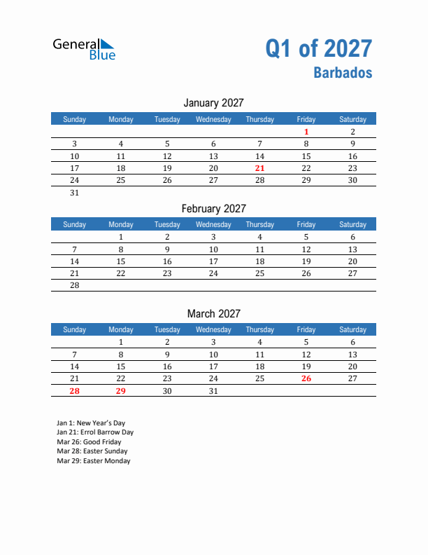 Barbados 2027 Quarterly Calendar with Sunday Start