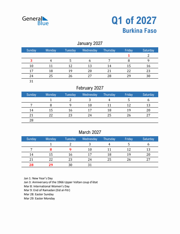 Burkina Faso 2027 Quarterly Calendar with Sunday Start