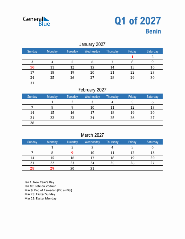 Benin 2027 Quarterly Calendar with Sunday Start