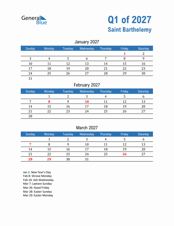 Saint Barthelemy 2027 Quarterly Calendar with Sunday Start