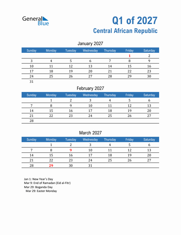 Central African Republic 2027 Quarterly Calendar with Sunday Start