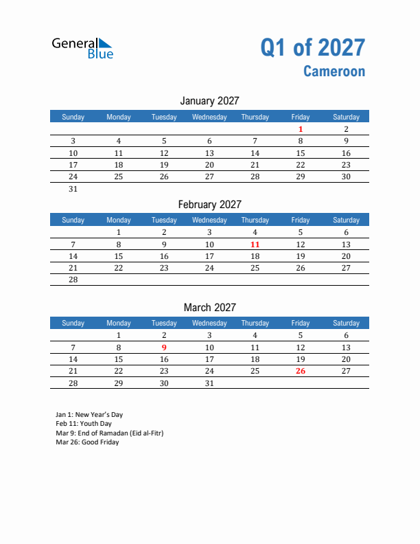 Cameroon 2027 Quarterly Calendar with Sunday Start