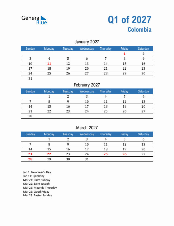 Colombia 2027 Quarterly Calendar with Sunday Start