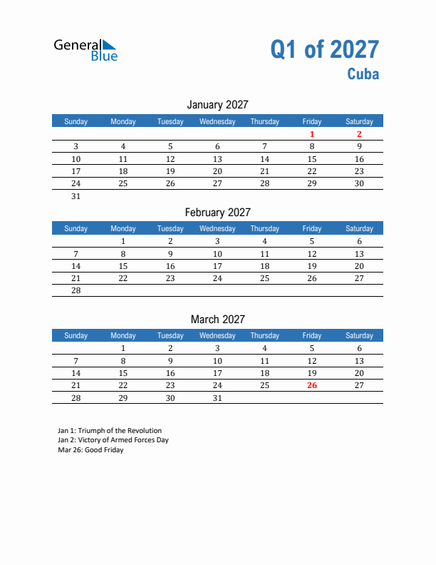 Cuba 2027 Quarterly Calendar with Sunday Start