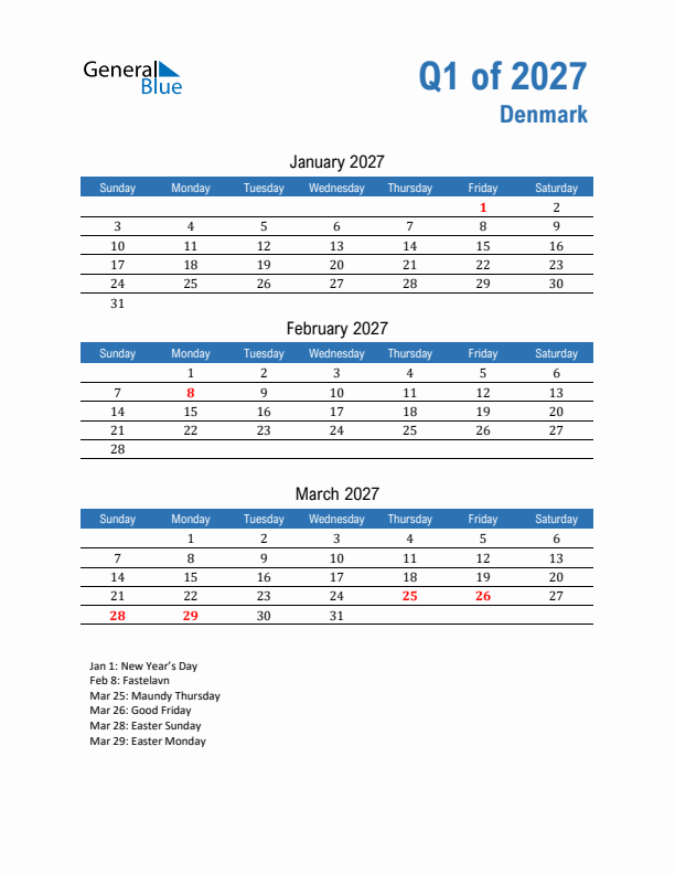Denmark 2027 Quarterly Calendar with Sunday Start