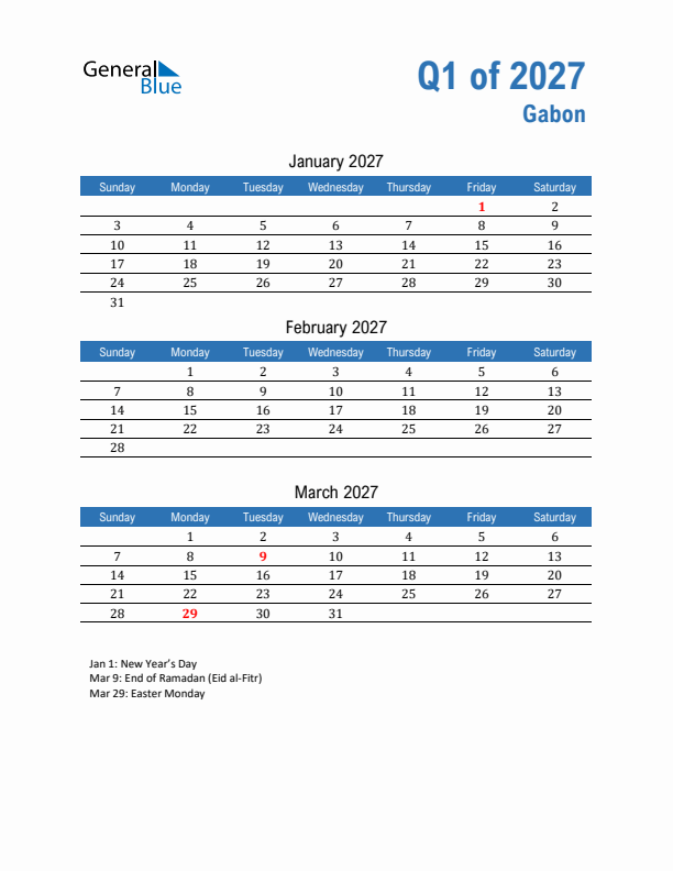 Gabon 2027 Quarterly Calendar with Sunday Start