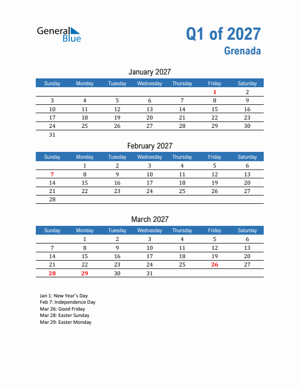 Grenada 2027 Quarterly Calendar with Sunday Start