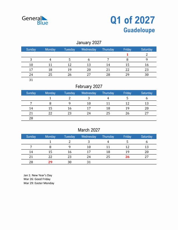 Guadeloupe 2027 Quarterly Calendar with Sunday Start