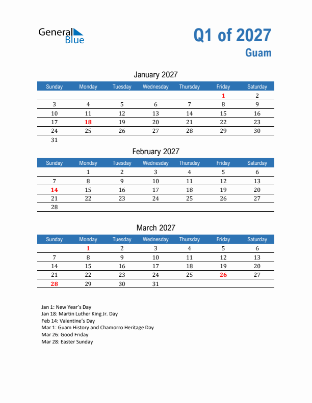 Guam 2027 Quarterly Calendar with Sunday Start