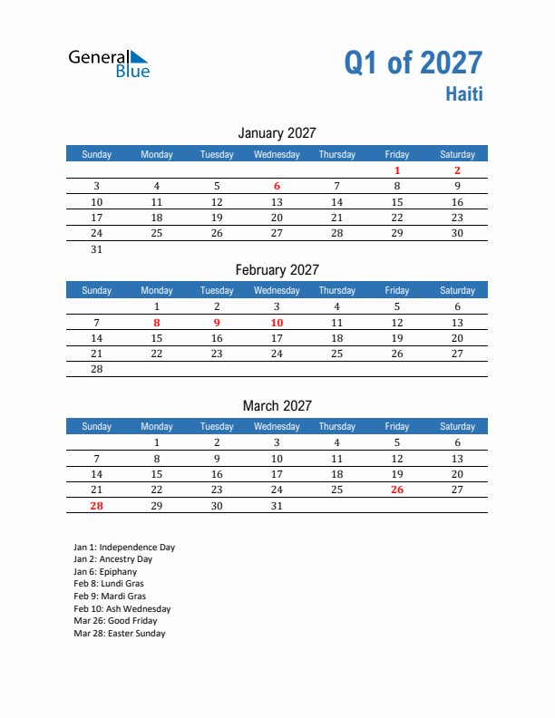 Haiti 2027 Quarterly Calendar with Sunday Start