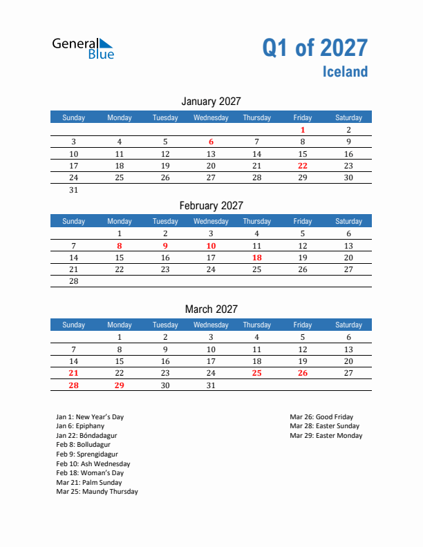 Iceland 2027 Quarterly Calendar with Sunday Start