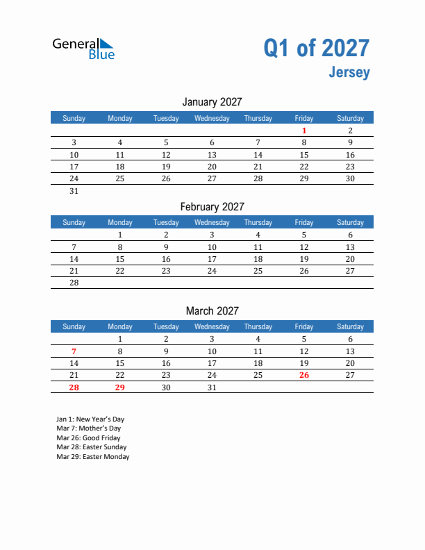 Jersey 2027 Quarterly Calendar with Sunday Start