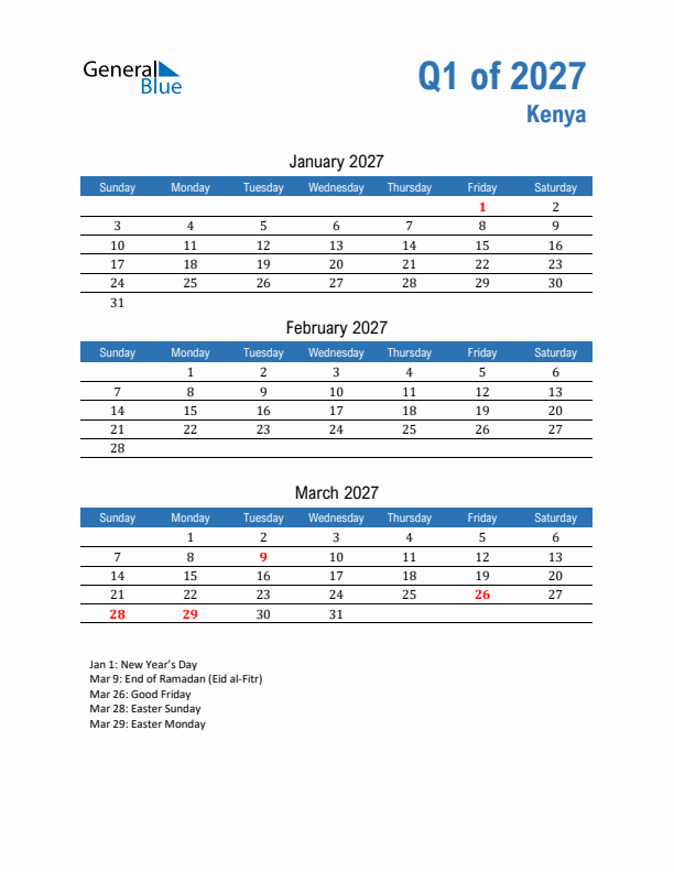 Kenya 2027 Quarterly Calendar with Sunday Start
